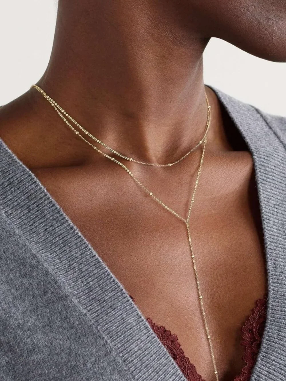 Dainty Gold Lariat Necklace for Women, Y-Shaped Pendant, Layered CZ Beaded Chain